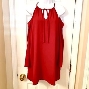 Lulu’s Mabel scarlet cold shoulder tie neck long sleeved dress NWOT XS